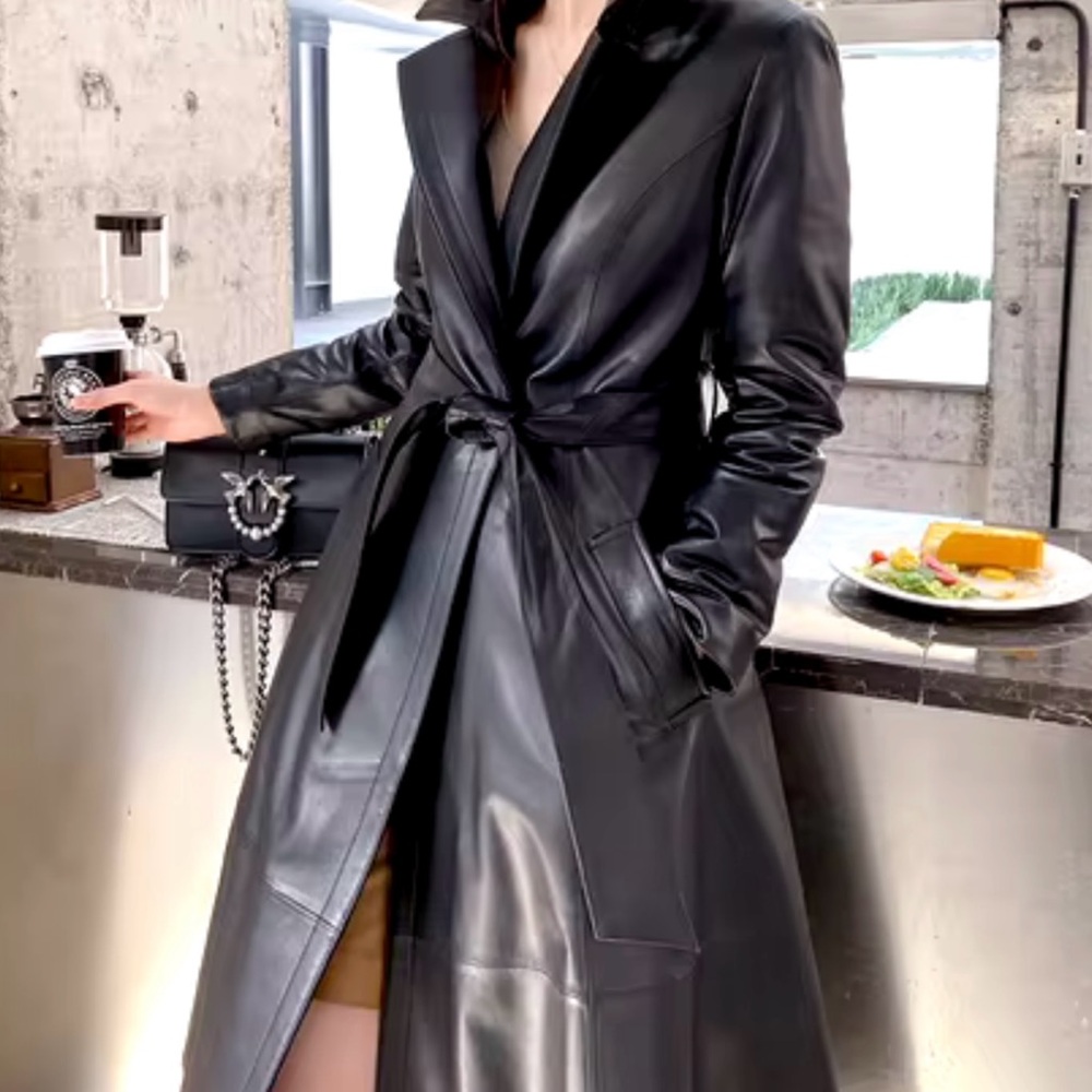 Long Leather Coat w/Sheepskin Collar - Picture 3 of 16